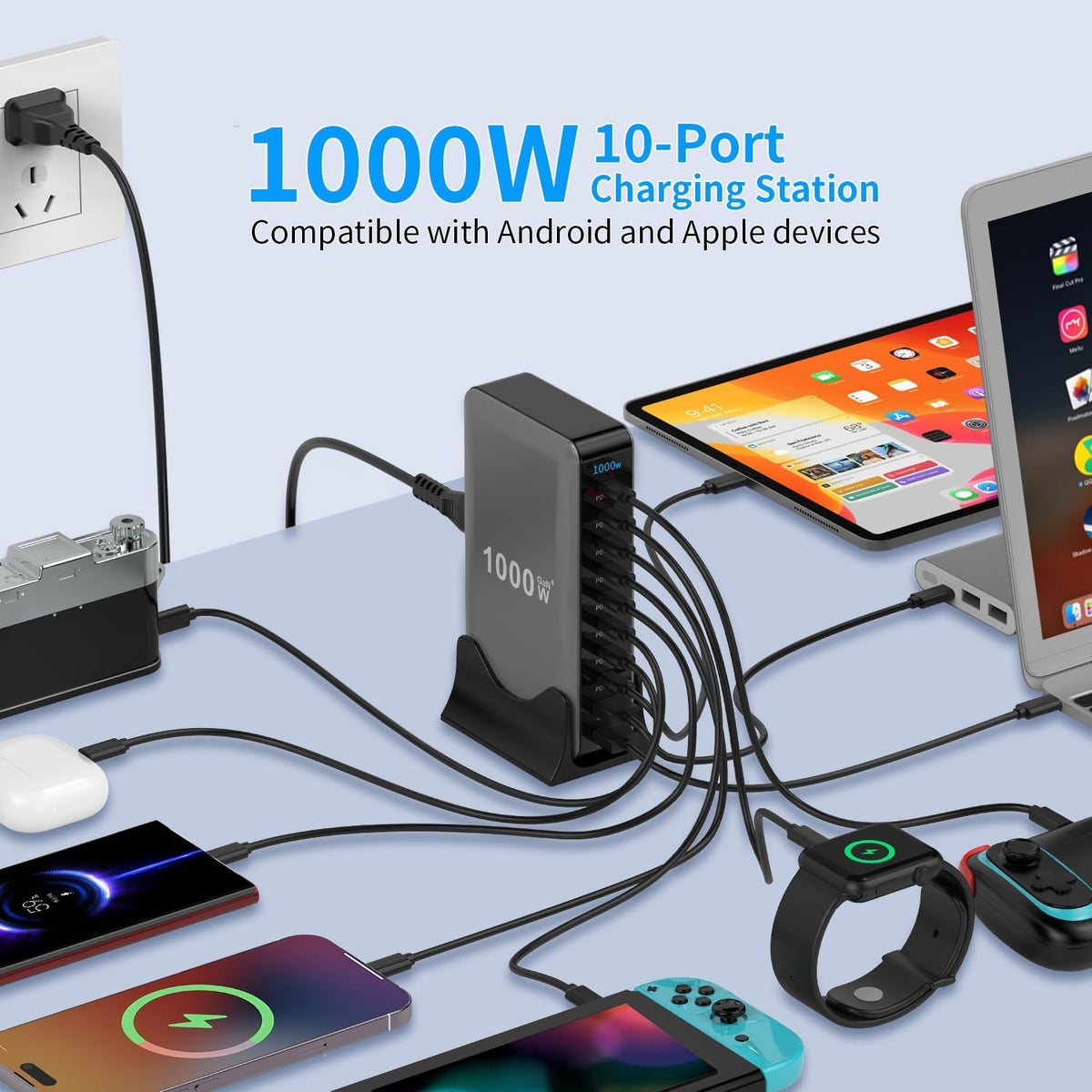 1000W 10-Port GaN 4 Desktop Charging Station with 240W 6.6 ft Data Cable - Compatible with Tablets, Phones, Laptops, Gaming Consoles, Headphones
