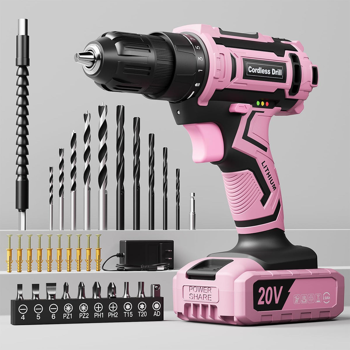 Pink Cordless Drill Set, VIWKO 20V Electric Power Drill for Women, Lightweight Electric Screwdriver Driver with Power Pack & Charger, 3/8" Keyless Chuck, Womens Tool Kit for House