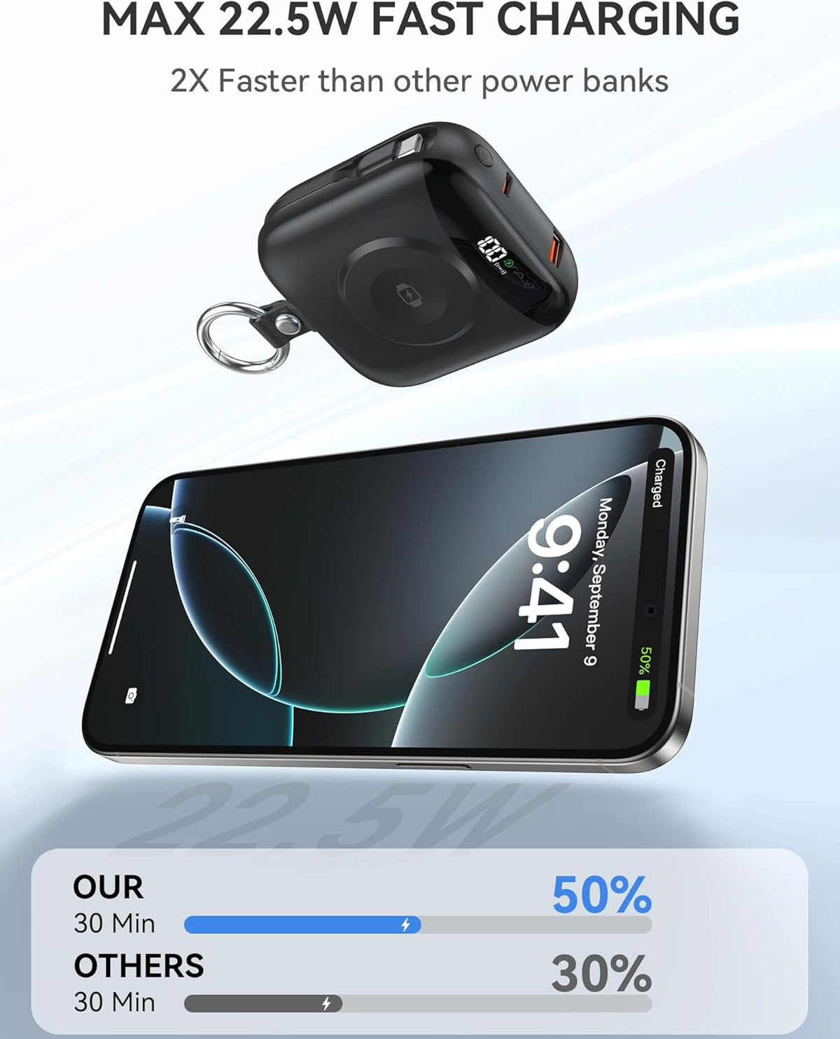 citicr Portable Charger 10000mAh w/Built-in Cables & iWatch Charger Black | Fast charging, Built-in cables, LED display, Charge 5 devices at once, Ring buckle, TSA approved, Pocket size, Charge iWatch