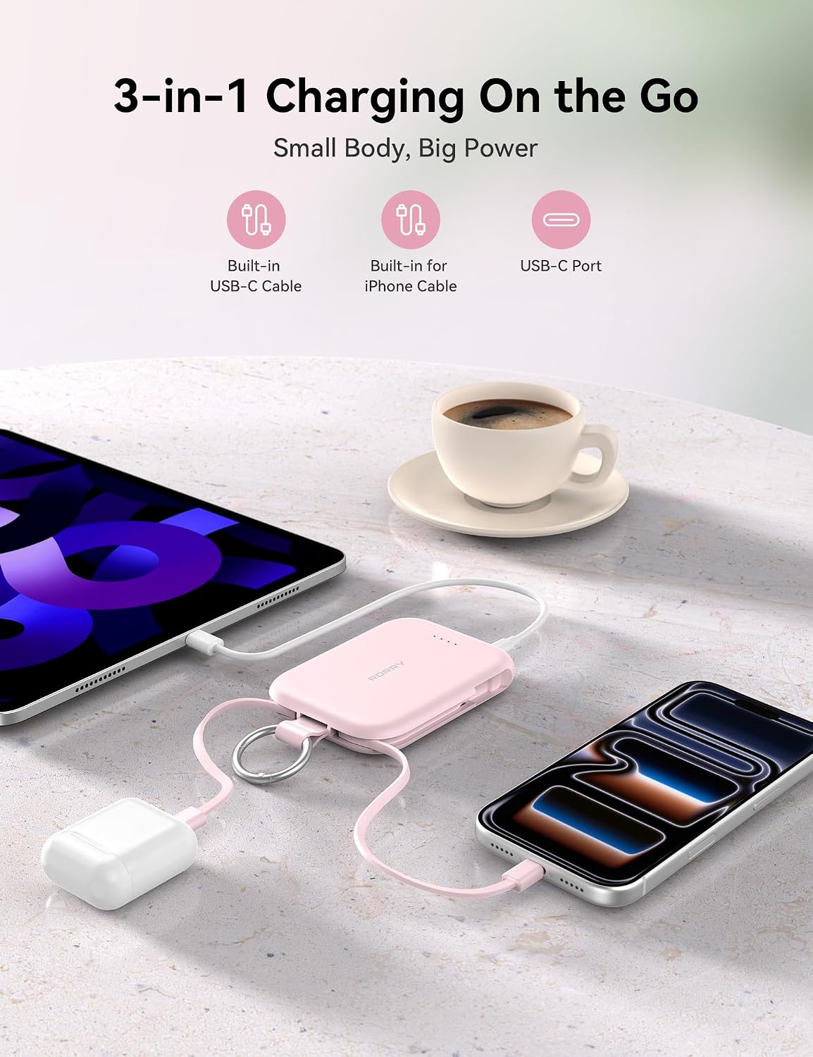 RORRY CharmGo Portable Charger, 5000mAh Power Bank with Built-in Cables | 20W,Keychain,Travel Essential,Battery Pack,USB-C,Compact,All in Mini,for iPhone 17/16/15,for AirPods 2/3/4/Pro,for iPad