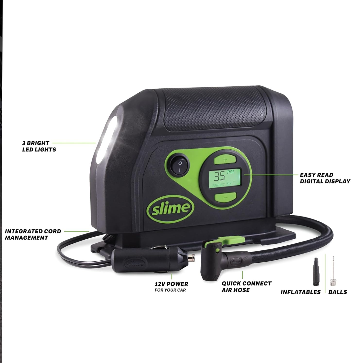 Slime 40088 Tire Inflator, Portable Car Air Compressor, Inflate Right automatic shut off, with Digital 99 psi Display, Long Hose and LED Light, 12V, 6 min inflation