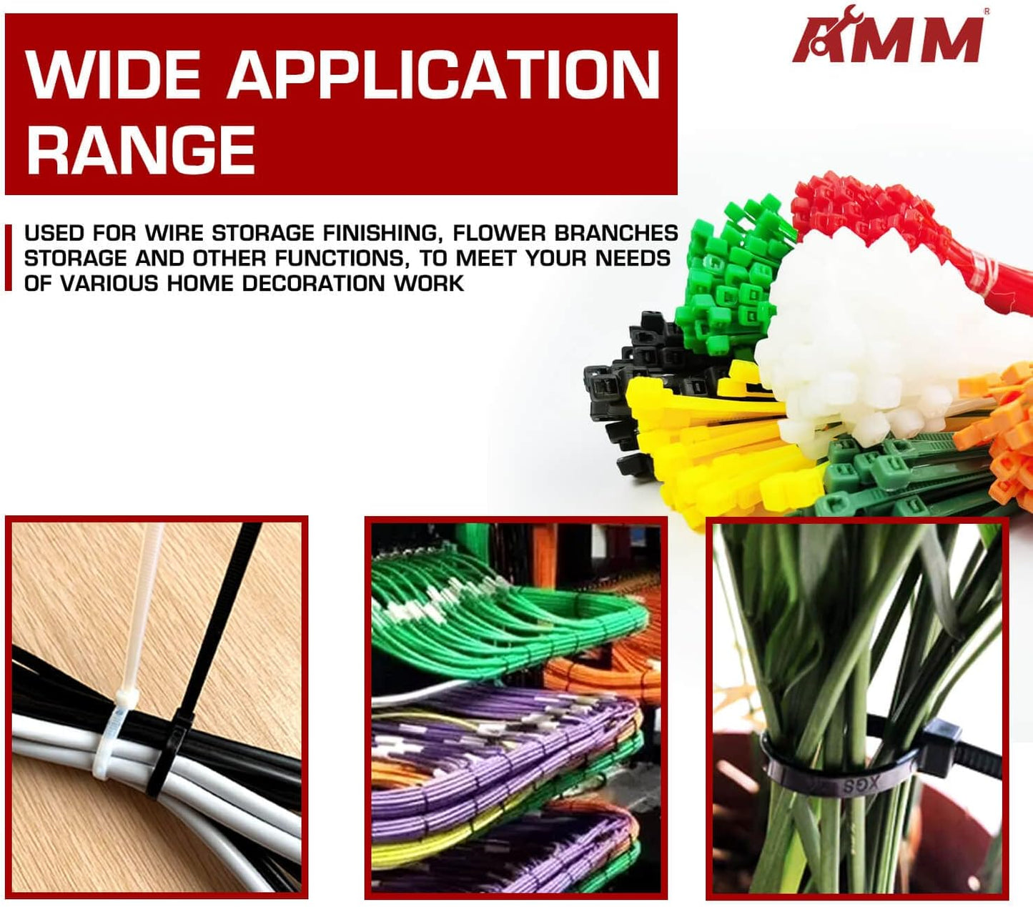 AMM Cable Zip Ties，1000 Pack colored zip ties Assorted Sizes 4, 6, 8 and 10 inches with a plastic storage jar，Multi-Purpose Self-Locking Nylon Cable Ties Cord Management Ties,Wire Ties for Home,Office
