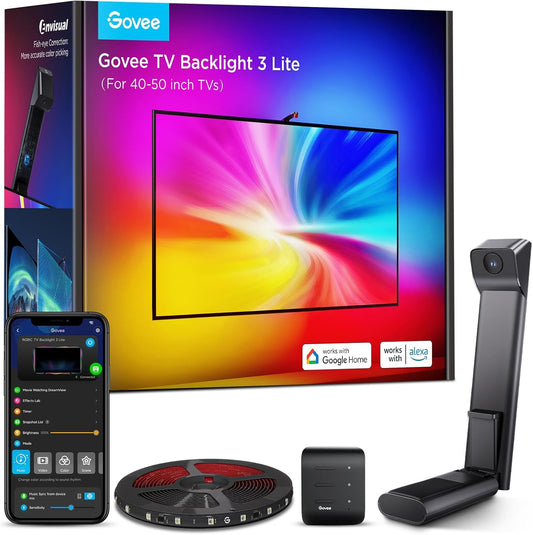Govee TV Backlight 3 Lite, 7.8ft LED Strip Lights Sync with 40-50 Inch TVs | Upgraded Camera with Fish-Eye Correction Function, RGBICW Screen Sync Lighting, 4 Colors in 1 Lamp Bead, Voice & APP Control