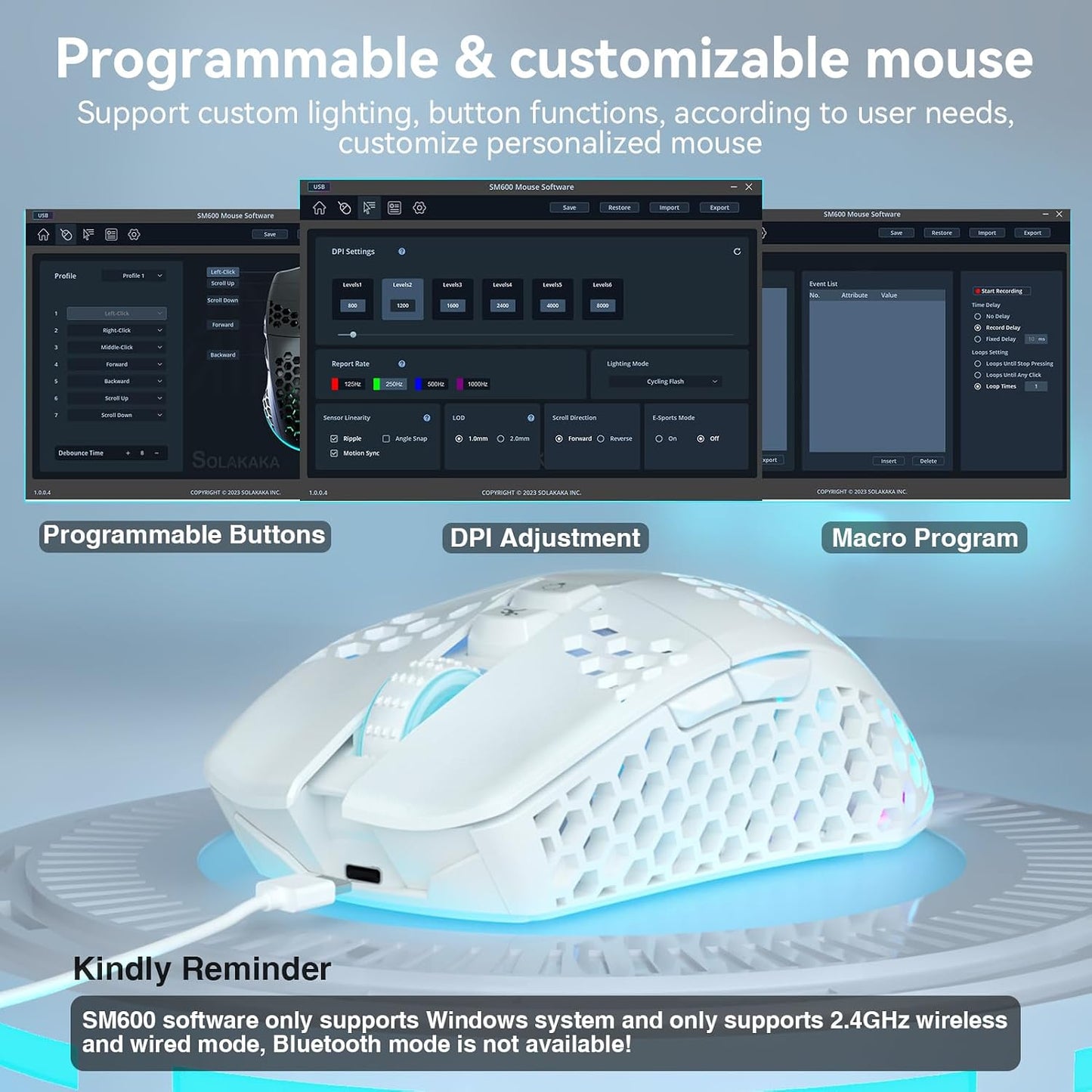 SOLAKAKA SM600 White Wireless Gaming Mouse,Tri-Modes BT5.1/Type-C Wired/2.4G Wireless Mouse with 2 Side Buttons, Programmable Macro Gamer Mouse with RGB Light for Laptop/PC/Mac