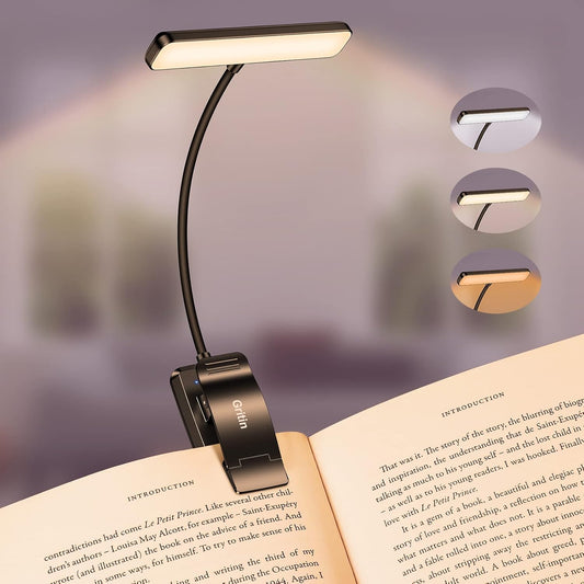 Gritin 19 LED Rechargeable Book Light for Reading in Bed | Eye Caring 3 Color Temps,Stepless Dimming Brightness,Memory Function,90 Hrs Runtime Lightweight Clip on Light for Book Lovers