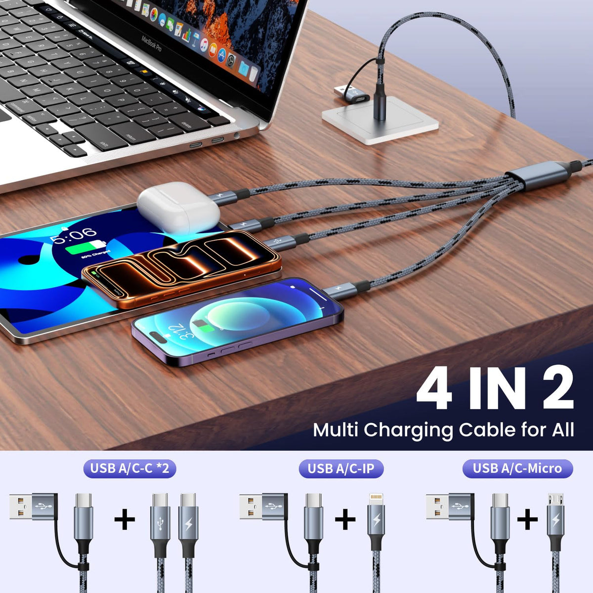 4 in 2 USB C Multi Charging Cable, 5FT Charging Cords with Micro USB Cable