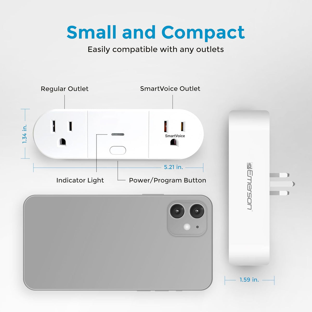 Emerson SmartVoice 2-in-1 Dual Smart Wall Plug Outlet, Voice Control, No WiFi or App, Outlet Extender with Sleep & Wake Timer, Hands-Free Control, ETL Listed