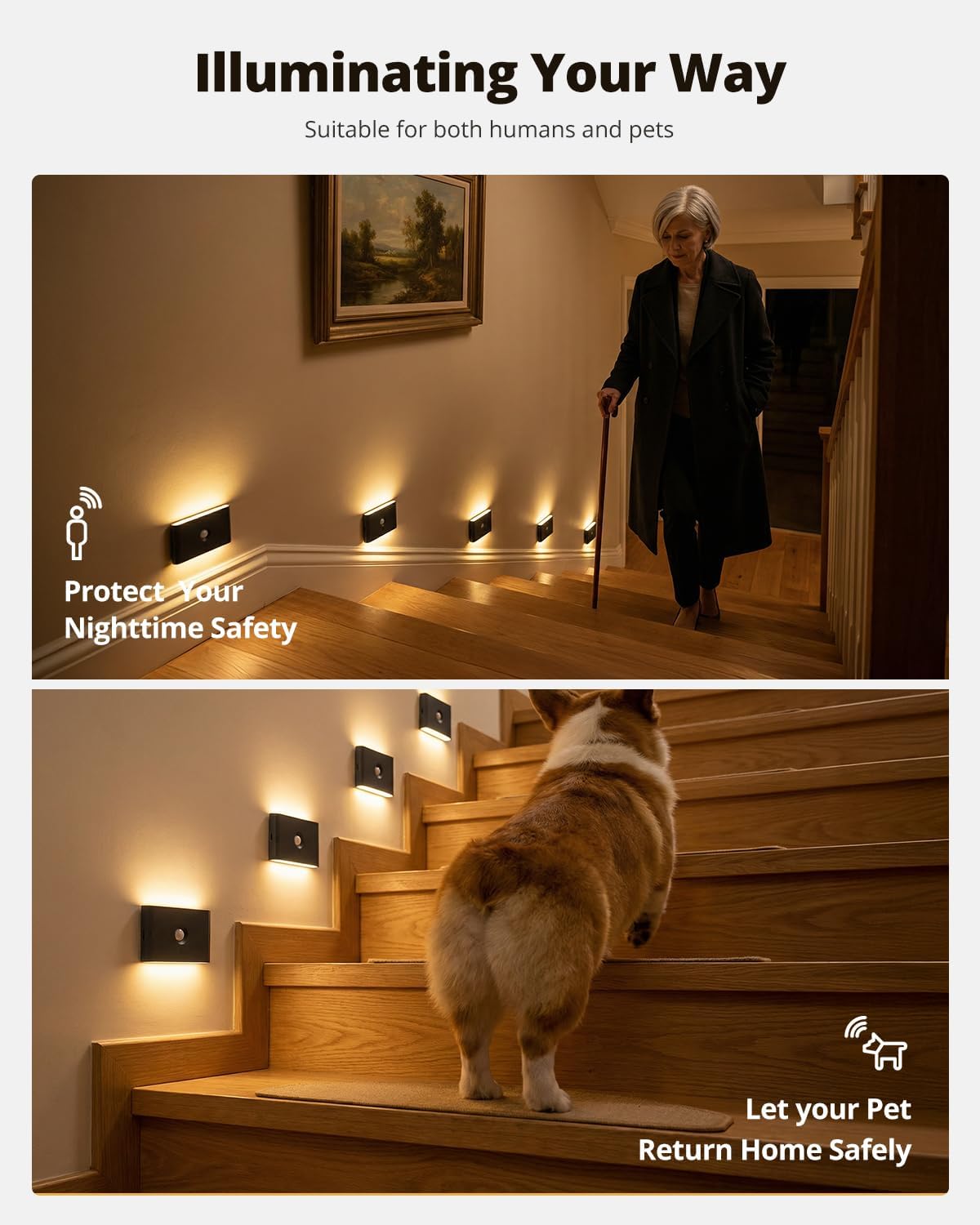 wowatt 6PCs Rechargeable Stair Lights Motion Sensor Indoor,3 Color Changing