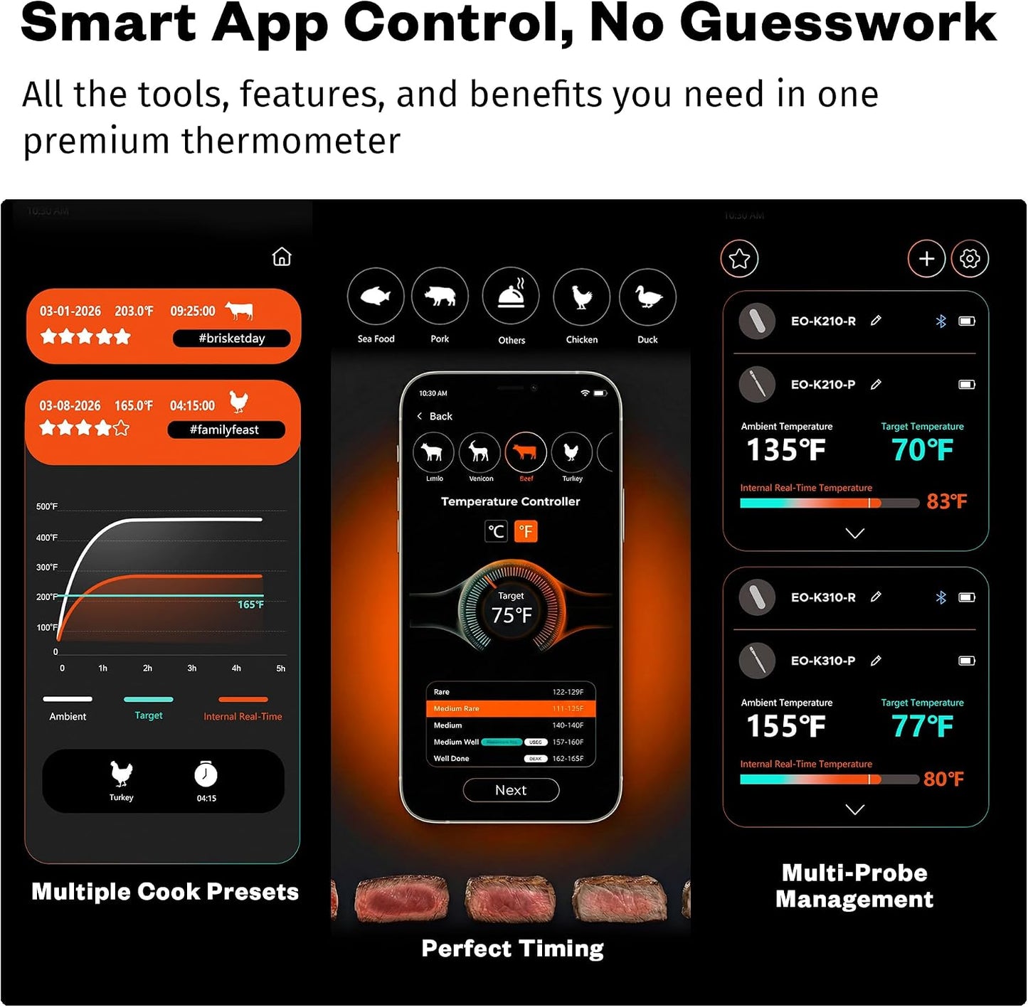 East Oak Wireless Meat Thermometer | 5-Sensor Precision for Chef-Level Results | Extreme Heat Resistance | Smart App Remote Monitoring | Perfect for Grills, Smokers, Ovens & Air Fryers, Brown