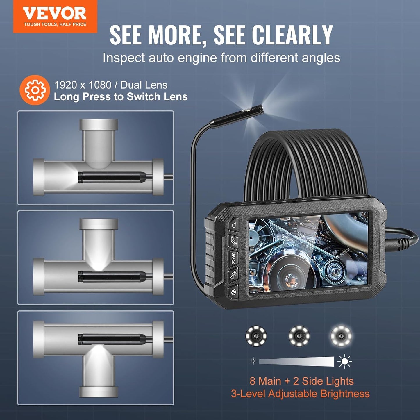 VEVOR Endoscope Camera with Light, Triple Lens Industrial Borescope, 5" Screen 1080P Inspection Camera, 8 + 2 Lights, IP67 Waterproof Snake Cameras for Automotive, Plumbing (16.4FT Cable, 32GB Card)