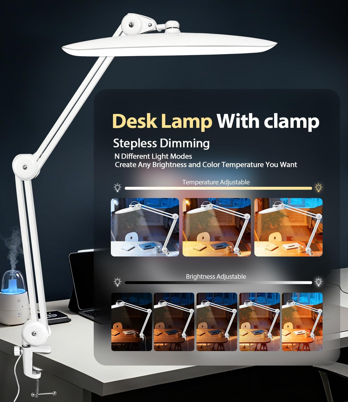 Led Desk Lamp with Clamp, Eye Caring Architect Desk Light for Home Office, Dual Screen Computer Monitor Gooseneck Adjustable Arm 20" LED Lamp, Stepless Dimming, for Nails &Salon, Reading, Workbench