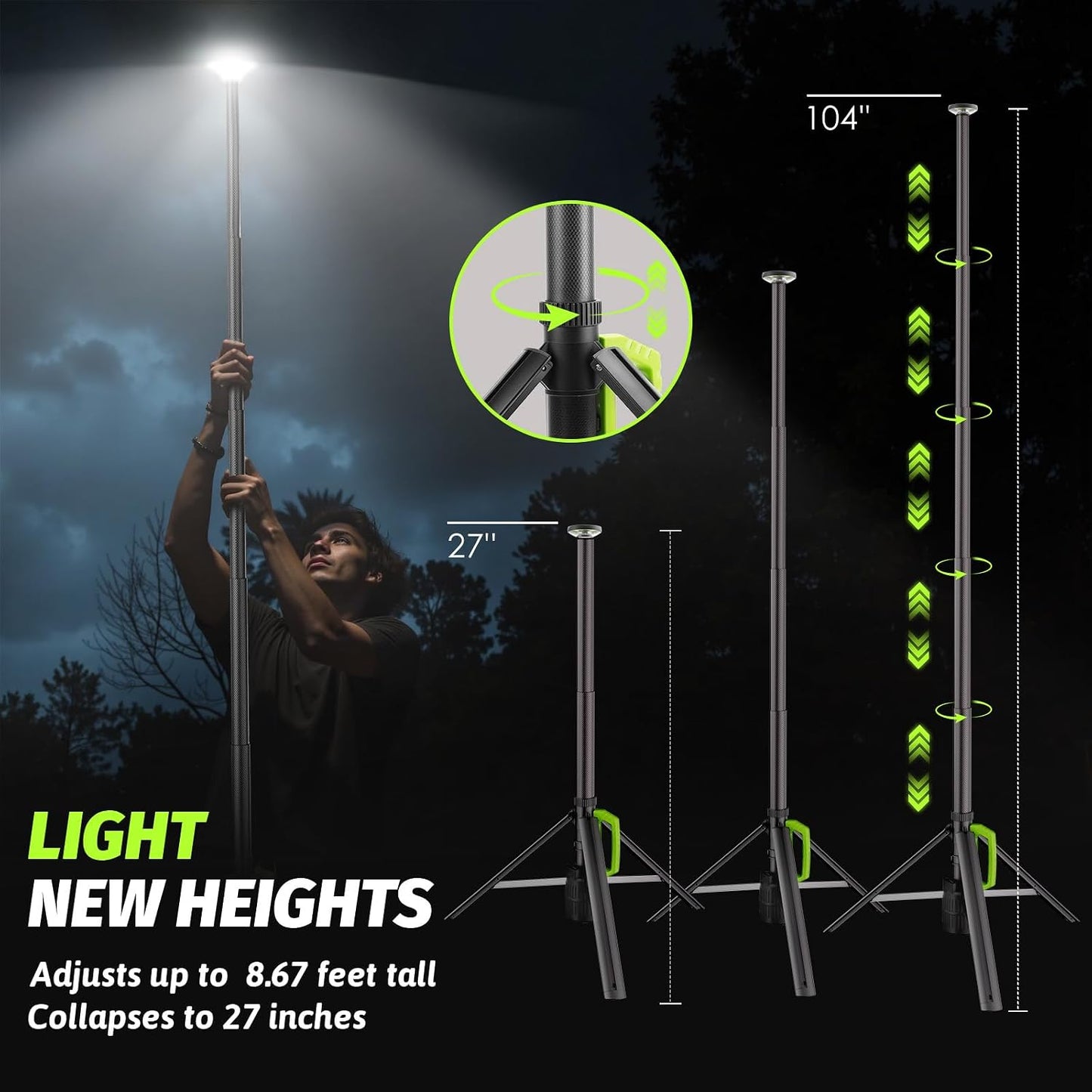 Tresda Rechargeable Telescopic Camping Light, 8.4FT LED Work Light with Tripod Stand & Remote Control, 3000LM Super Bright, 3 Color Temps, Portable Tripod Lights for Outside, Sports, Emergency