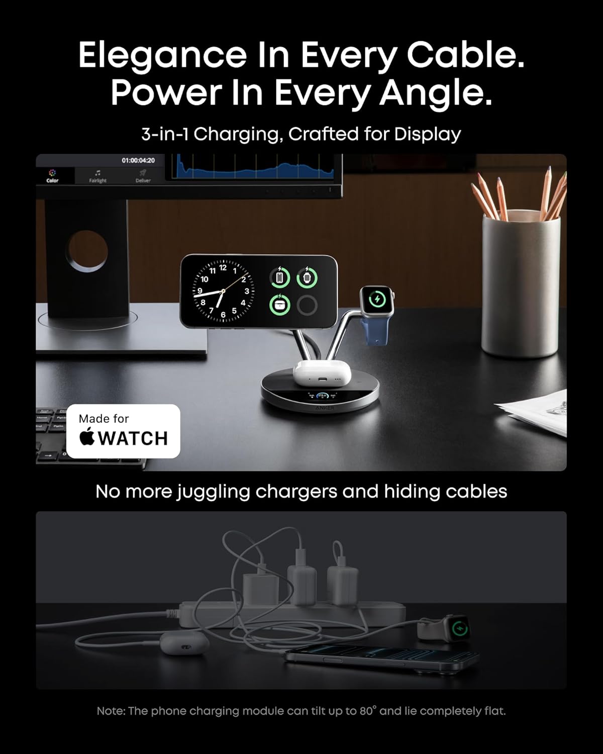 Anker Prime 3-in-1 Qi2.2 MagSafe Compatible 25W Wireless Charging Station | Smart Display with TEC Active Cooling, for iPhone 17, Apple Watch, AirPods Pro, and More (Adapter Included)