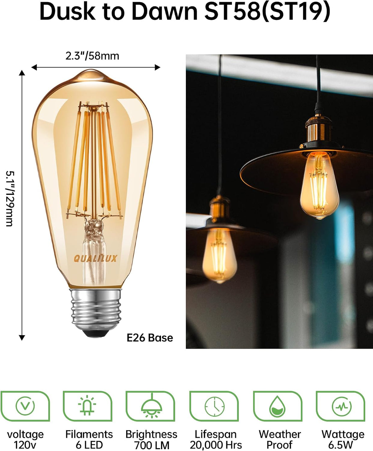 Qualilux Dusk to Dawn ST19 LED Edison Light Bulbs, Vintage Amber Glass, 2300K Amber Warm, 6.5W=60W, Non-Dimmable Auto On/Off Light Sensing LED Filament Bulb Outdoor, 700LM, E26, 2-Pack, HQ-H027