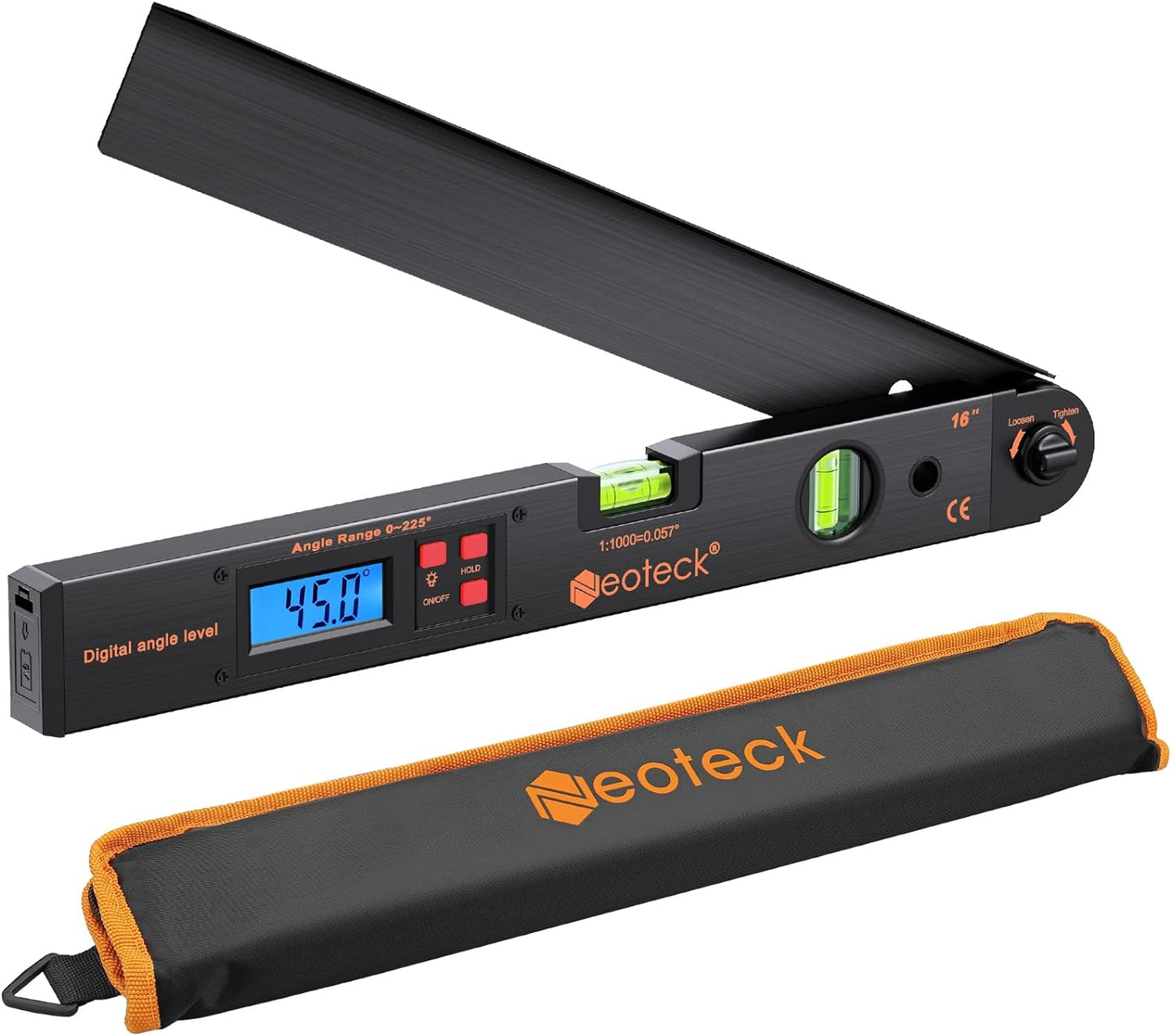 Neoteck 16 inch Digital Angle Finder 225°Aluminum Protractor LCD Backlight | Digital Angle Measuring Tool with Bubble Level Data Hold & Locking Knob Auto-Off for Woodworking Construction Machinery-Black