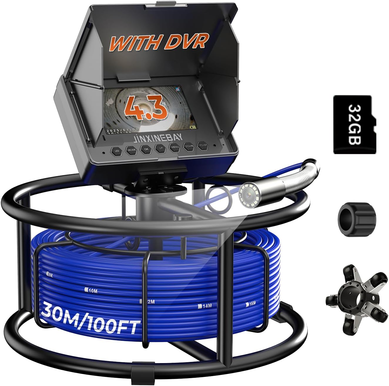 Sewer Pipe Inspection Camera, 4.3'' IPS Monitor with 32GB TF Card DVR, IP68 1080P Camera 100FT Fiberglass Cable, 8500mAh Battery Night Vision, for Home/Contractor/Plumber (33FT)