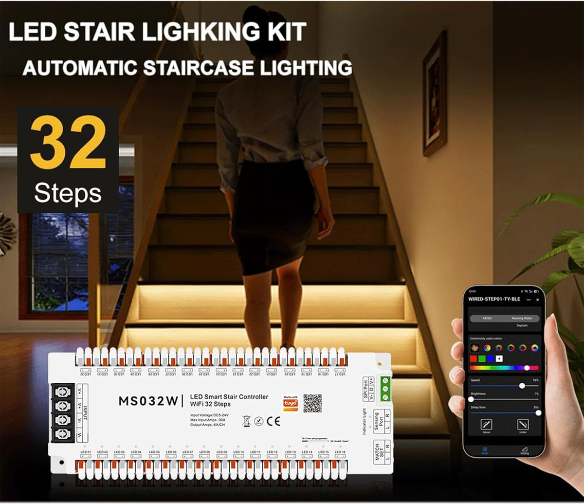 Tuya Smart APP WiFi Home Stairway Lighting Strip LED Motion Sensor Automatic Controller Kit 12V 24V 32 Channels (Wi-Fi)
