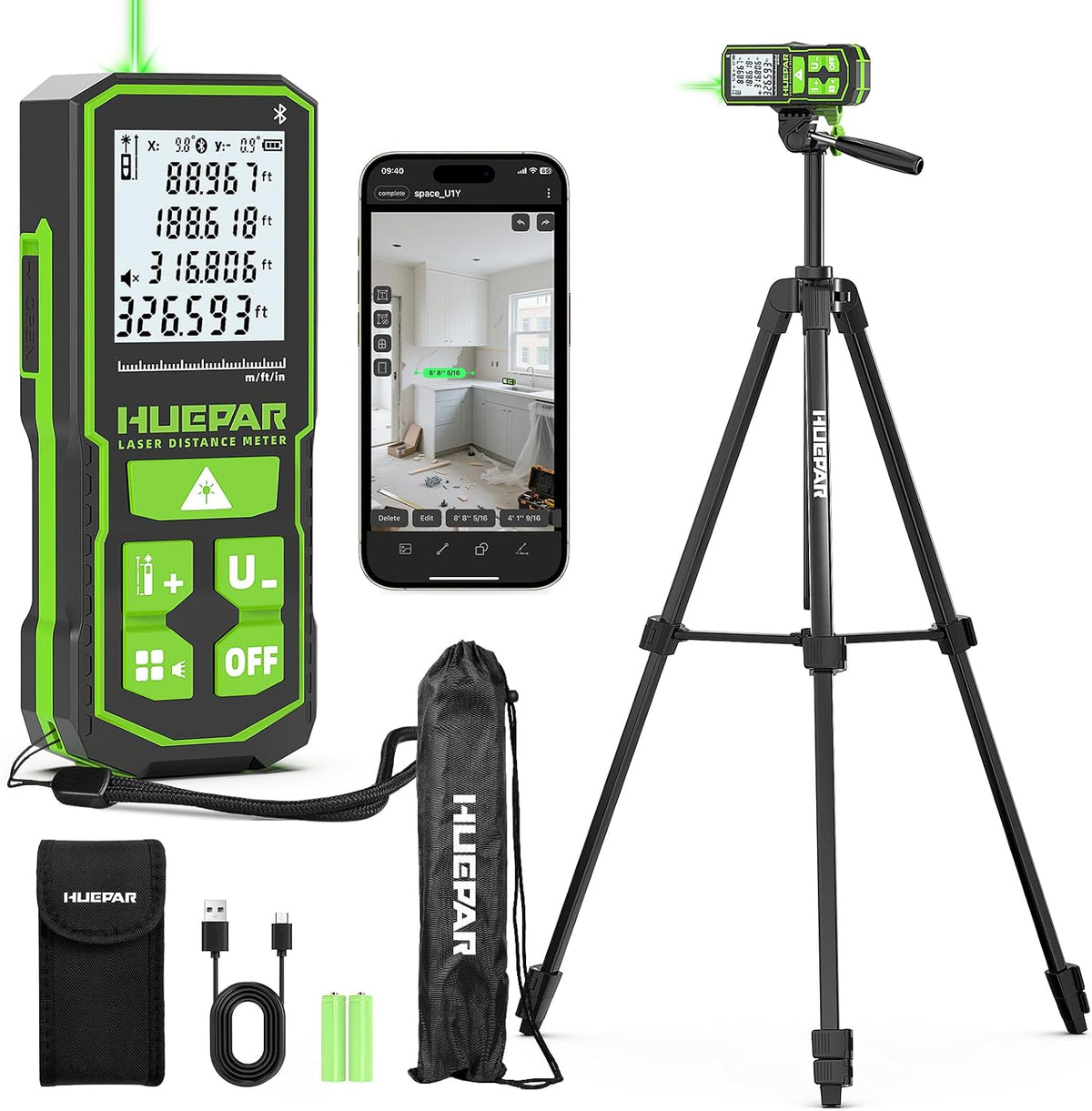 Huepar 395FT Bluetooth Green Laser Measuring Tool S120-G-BT | with 60" Tripod, APP Control, 1/16in Accuracy Laser Distance Measurement Tool, Digital Laser Room Measuring Device