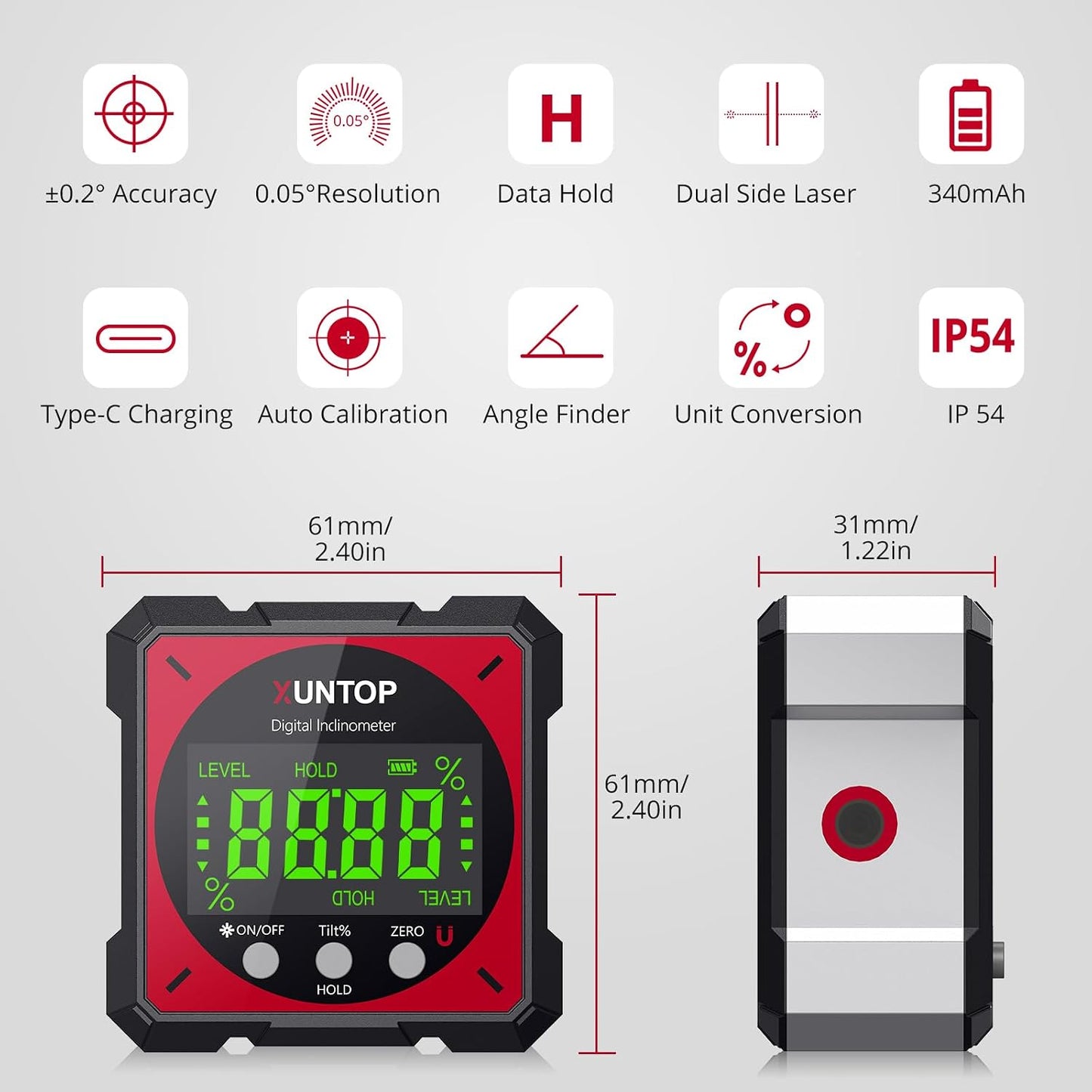 USB Charging Digital Angle Finder with Laser (Class 2, <1mW Output) | 4-side Strong Magnetic Angle Gauge IP54 Waterproof Inclinometer Level for Hanging Decorations Woodworking