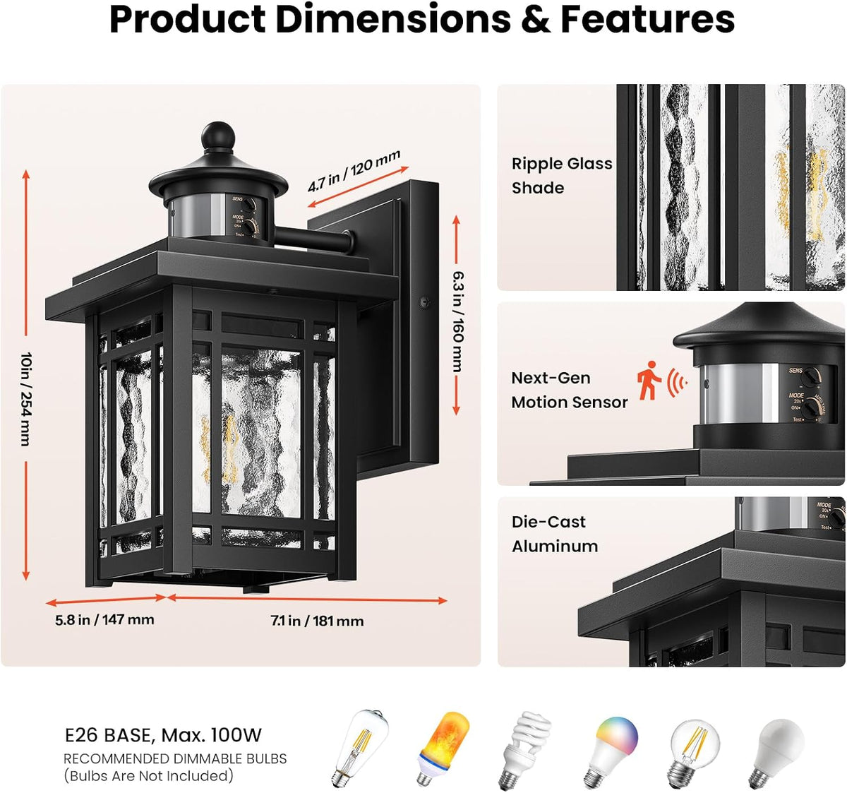 Gleamz Black Exterior Lighting Fixtures, Aluminum Motion Sensor Porch Lights Outdoor, Waterproof Dusk to Dawn Outdoor Lighting with Ripple Glass, Modern Outside Wall Lights for House,Patio, E26 Socket