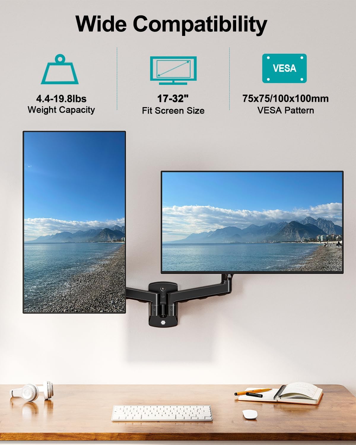 MOUNT PRO Dual Monitor Wall Mount for Max 32" Screens, Up to 19.8lbs Each