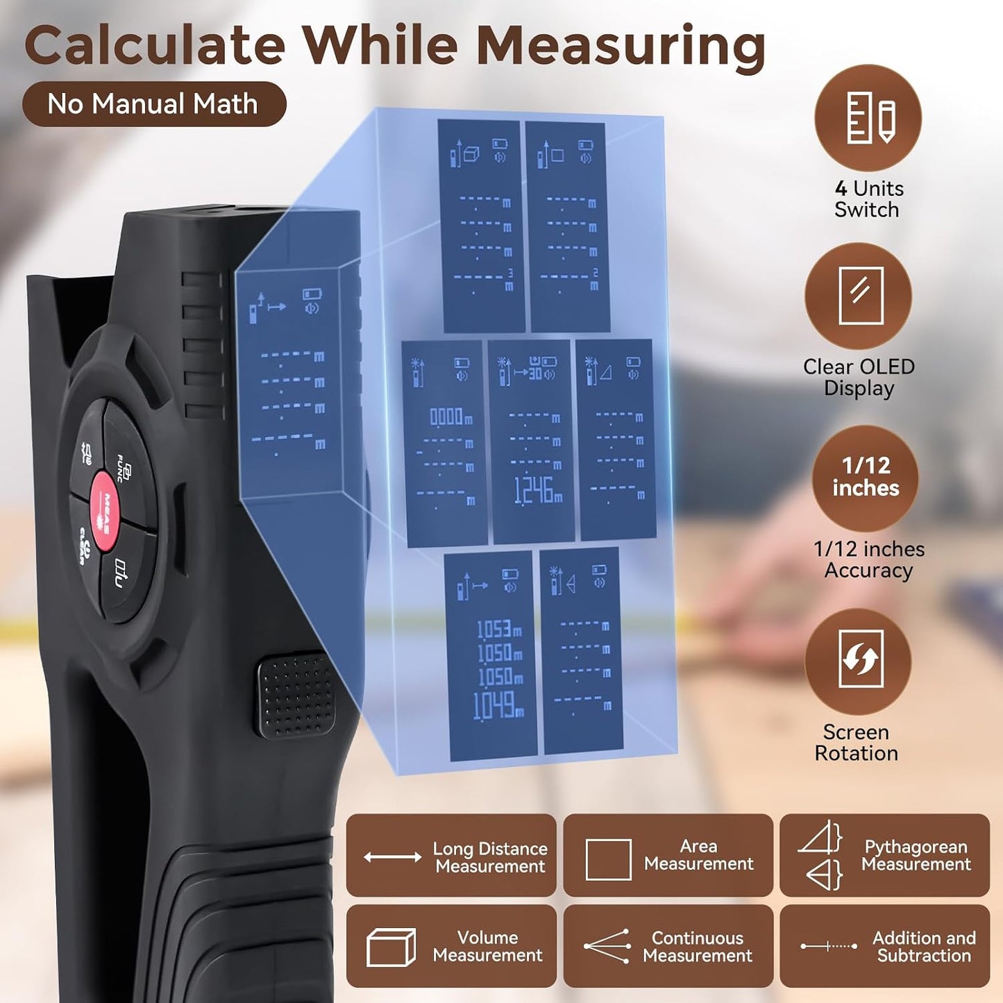 393Ft Digital Tape Measure 3-in-1 Laser Tape Measure & 16ft Tape | Area/Volume/Pythagorean Calculation, OLED Display, Type-C Recharge, M/in/Ft Unit Switch, for Room Measurement & DIY Projects