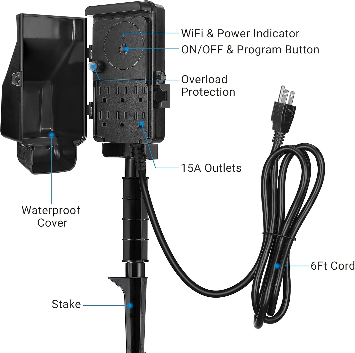 DEWENWILS WiFi Smart Yard Stake Plug with 6 Outlets, Voice Control, Waterproof Power Stake Timer with 6Ft Cord, Alexa&Google Assistant Compatible, 1875W/15A, for Outdoor Decoration Lights