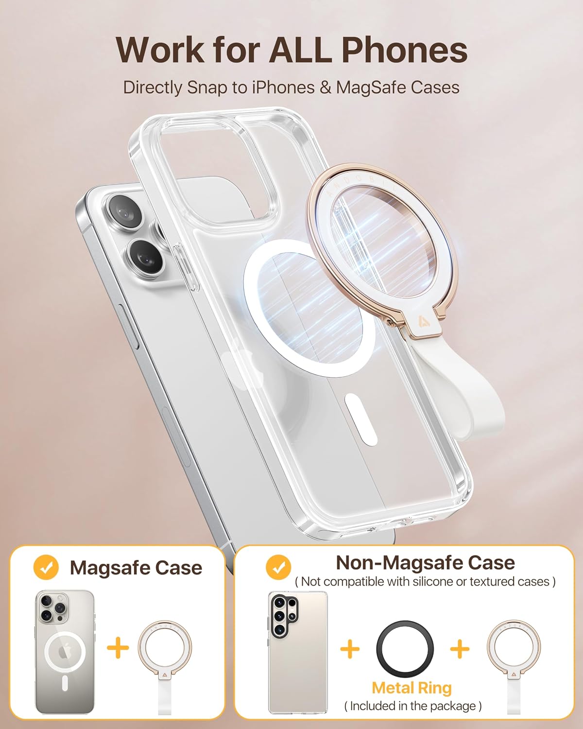andobil [2026 Unrivaled Stability] Magnetic Phone Grip Holder for MagSafe | Stronger 2-Sided Magnetic Phone Ring Kickstand w/ Silicone Loop MagSafe Accessories for iPhone 17 Pro Max Air 16/15/14/13/12
