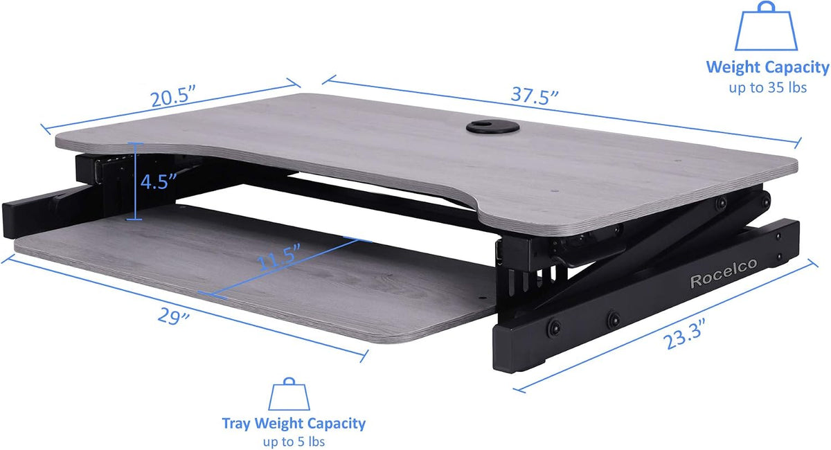 Rocelco 37.5" Height Adjustable Standing Desk Converter with Anti Fatigue Mat Bundle - Slide Out Retractable Keyboard Tray - Sit Stand Dual Monitor Riser - Computer Workstation - Gray (R DADRG-MAFM)