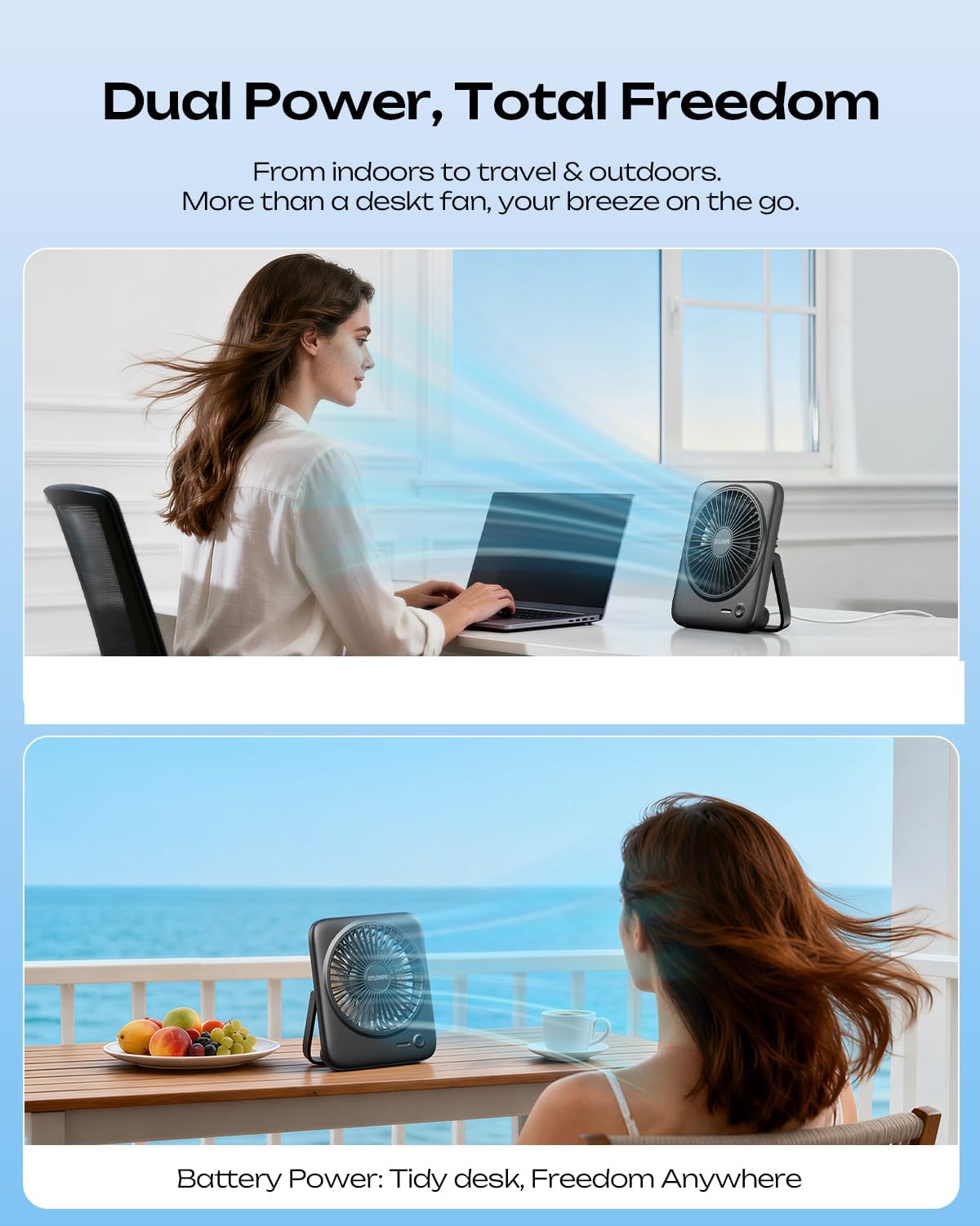 Otlonpe Personal Portable Desk Fan, 4000mAh Small Rechargeable Portable Fan Battery Operated & USB Powered for Travel Sleeping Bedroom Office Home Table, Cordless, Quiet, 4-Speed, 6.5 Inch (Black)