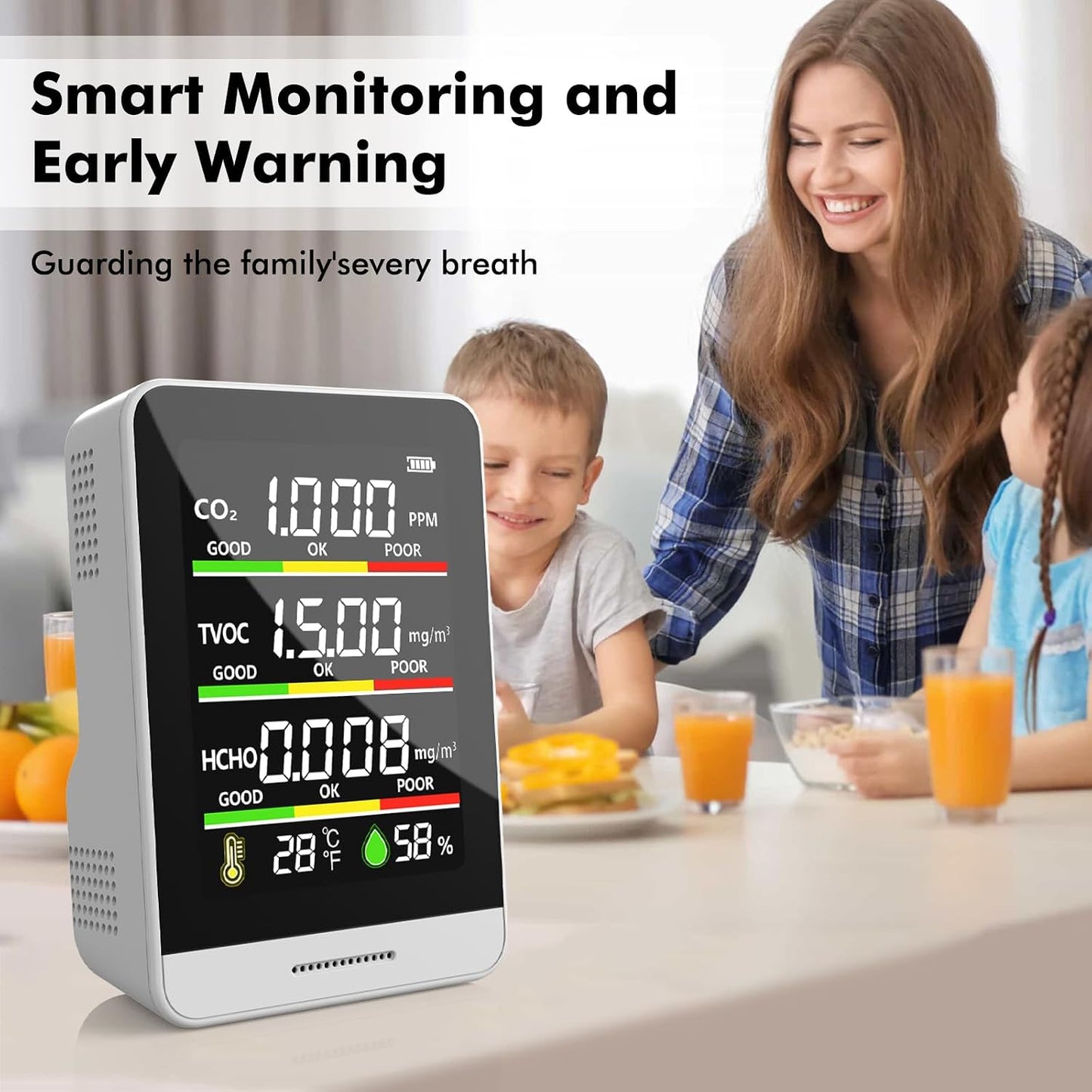 22 HOBBIES Air Quality Monitor Indoor,8-in-1 Smart Air Quality Tester with CO2, TVOC, HCHO, AQI, Temperature & Humidity, Real Time Display, Battery Powered, for Home & Office(White)