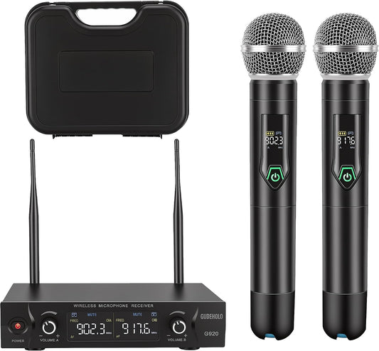 Wireless Microphone System with case, Metal UHF Dual Handheld 20 Channels Professional Cordless Mic System for Church, DJ, Karaoke,Wedding, Home KTV Set (Green)