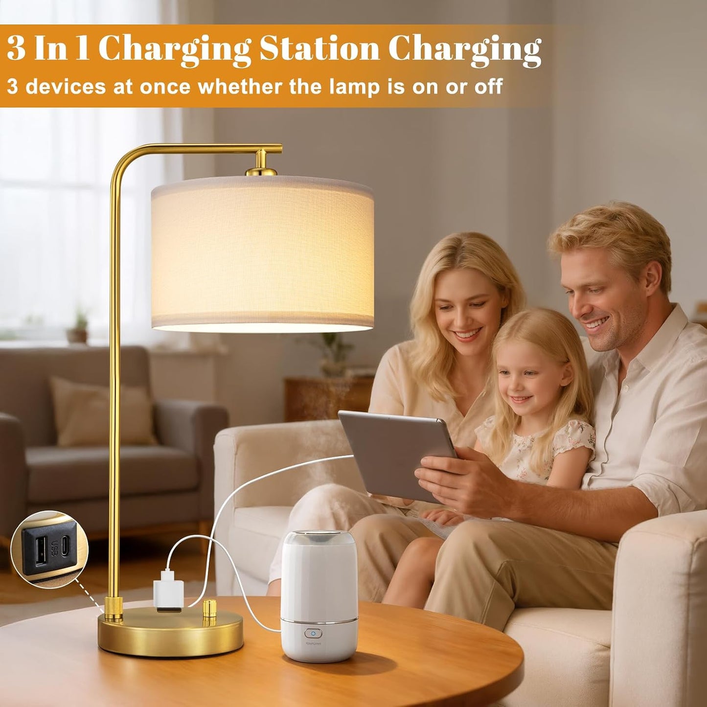 Gold Bedside Lamps Set of 2, Fully Dimmable Lamps for Night Stands, USB A+C | Modern, Linen Lampshade, USB Port and Outlet, Tall Desk Lamps for Bedroom, Nightstand, Living Room, Home Office, End Table