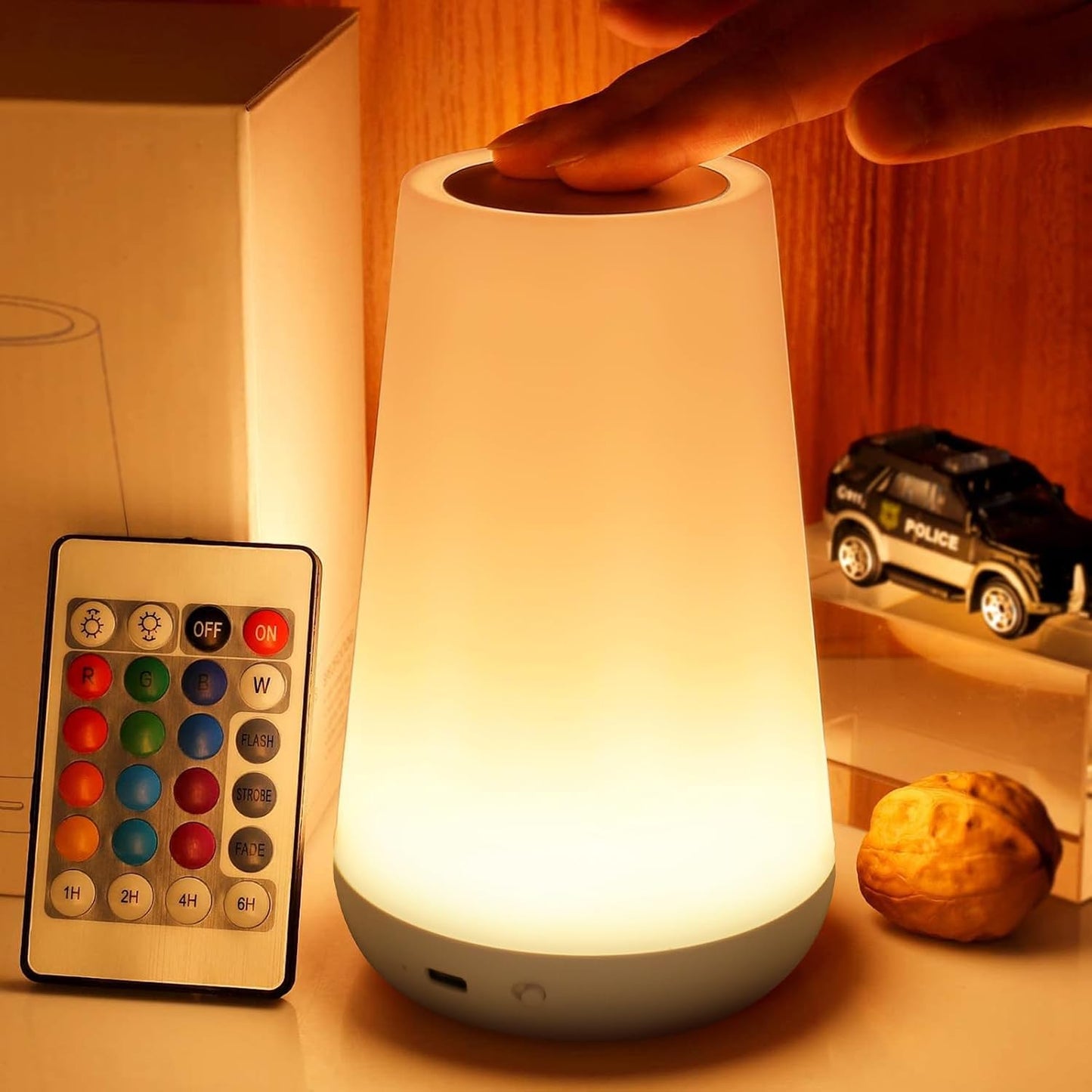 THAUSDAS Telecontrol Night Light Touch Lamp: 13 Colors, 5 Brightness, White | TableBedside Lamp 1500mAh USB Rechargeable - 3 Lighting Modes, 1/2/4/6H Auto - Off For Nursery & Bedroom & Camping