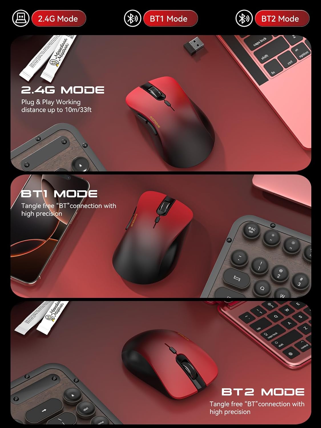 RAPIQUE Bluetooth Wireless Mouse, Dual Bluetooth & 2.4 GHz, Gradient Red | Quiet Clicks, Right-Hand Ergonomic 6 Button, Adjustable DPI, AA Battery, 3-Device Switching for Laptop, PC, Tablet, MacBook
