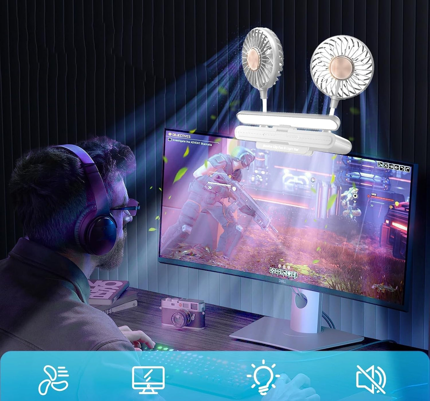 Clip Fan USB-Powered Cooling Fan with LED Light Bar Glacier Silver | Space-Saving Personal fan for Monitor/Laptop/Flat/Bedside/Bookshelf/Music Stand/Reading Stand