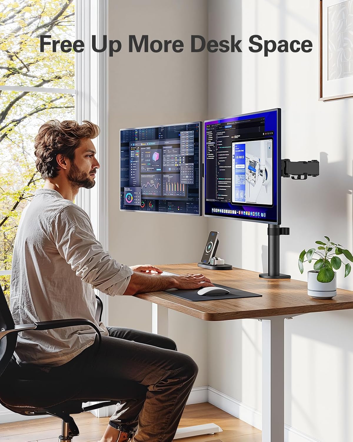HUANUO Dual Monitor Mount for 13-32 Inch Screens, 17.6 lbs per Arm | Dual screen setup, tilt, swivel, rotation, 16.3 inch pole, cable clips, C-clamp or grommet, VESA 75x75/100x100mm