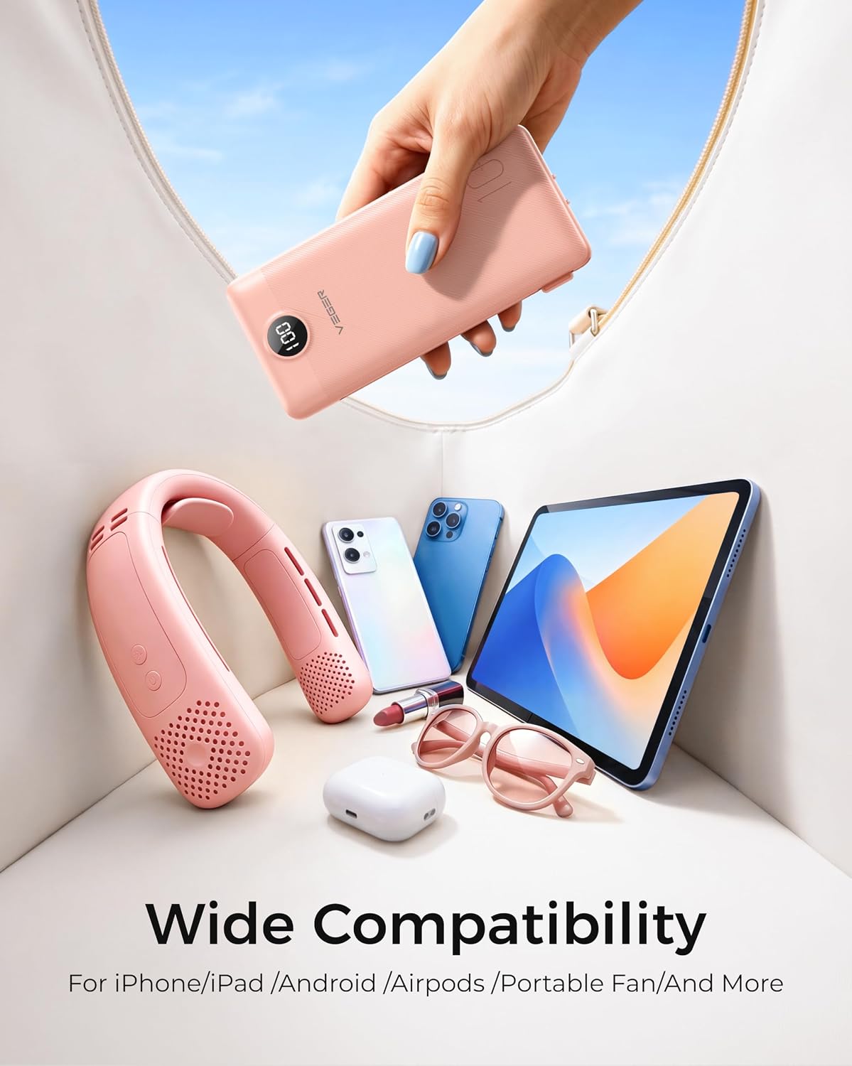 VEGER Portable Charger for iPhone, Power Bank Built in Cable and Wall Plug | 10000mAh Slim USB C Battery Pack, Travel Essentials for Camping Cruise Business Trip, Compatible with Smart Devices, Pink