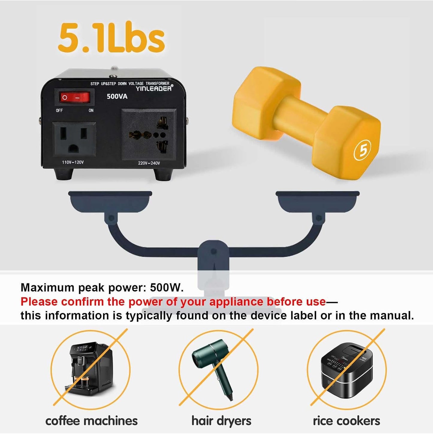 500W Voltage Transformer Power Converter 110V to 220V, 220V to 110V | Yinleader Step Up/Down Converter 110/120 Volt - 220/240 Volt w/US Power Cord [300W Continuous Power]