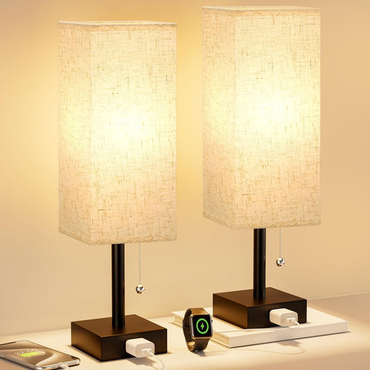 Bedside Lamp for Bedroom Set of 2 - Small Table Lamp for Nightstand | AC Outlet, 3 Color Temperatures, LED Bulb Included, Pull Chain Design, 14" Rectangular Desk Lamp for Dorm/Office, 2-Pack