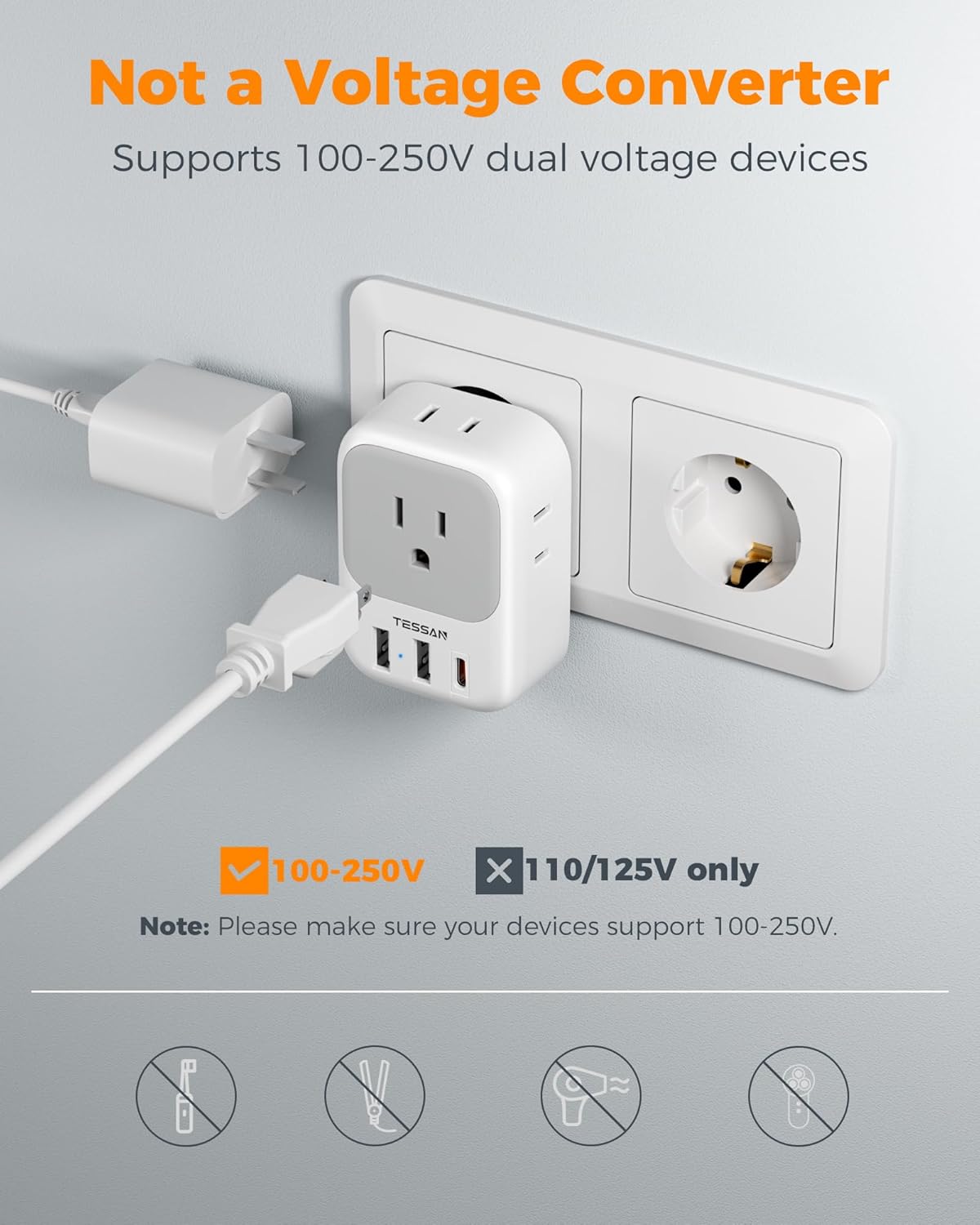 TESSAN 2 Pack European Travel Plug Adapter, Europe Power Converter | 4 Outlets 3 USB (1 USB C PD 20W), Type C International Plug, For Italy Spain France Portugal Iceland Germany