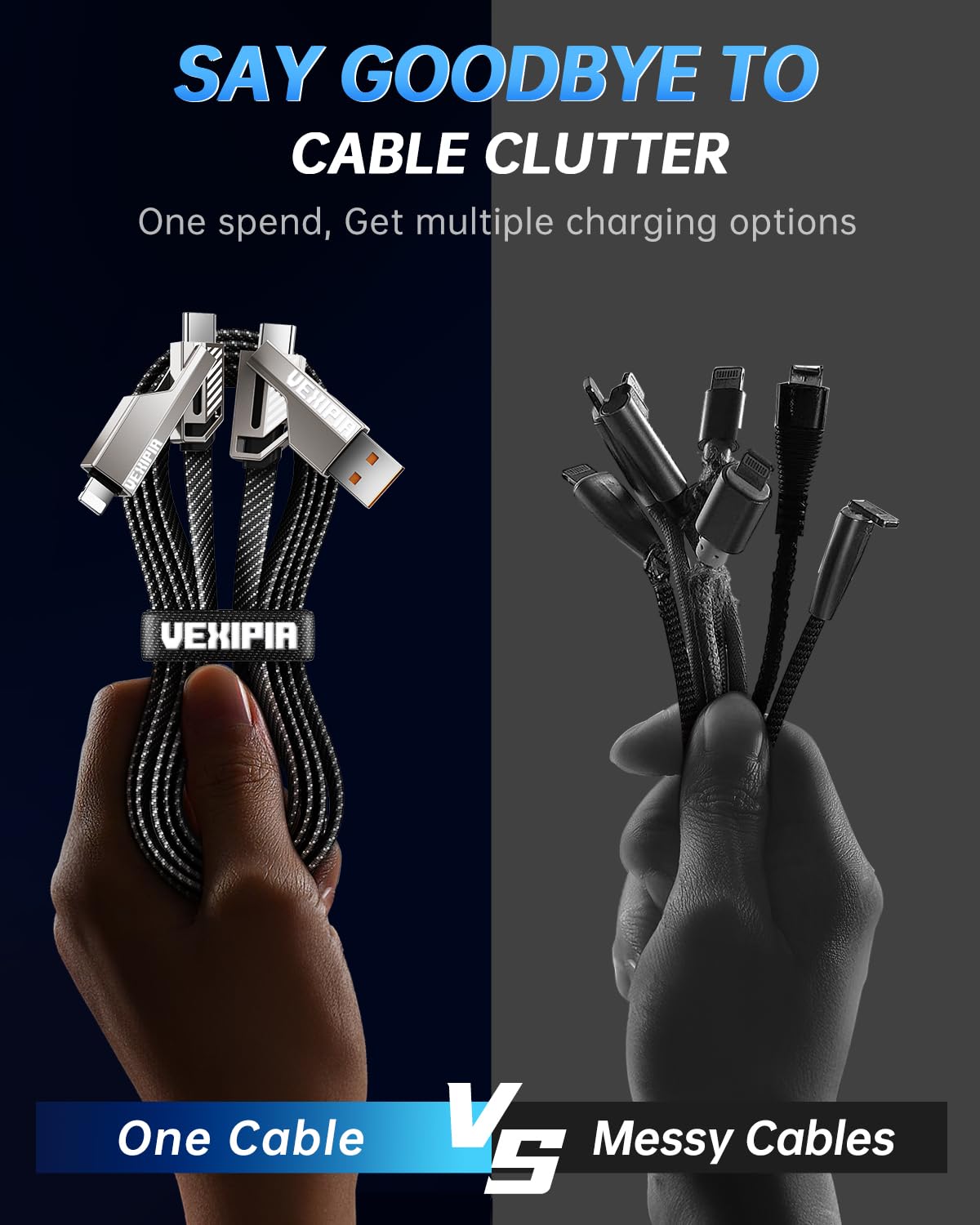 [Upgraded] 4-in-1 USB C Cable 60W 5FT Lightning Cable Fast Charging Cords | Flat Nylon Braided for iPhone iPad Charger Cord [480Mbps Data Sync] Multi Charge Wire Combo with Lightning/Type C/USB A Port