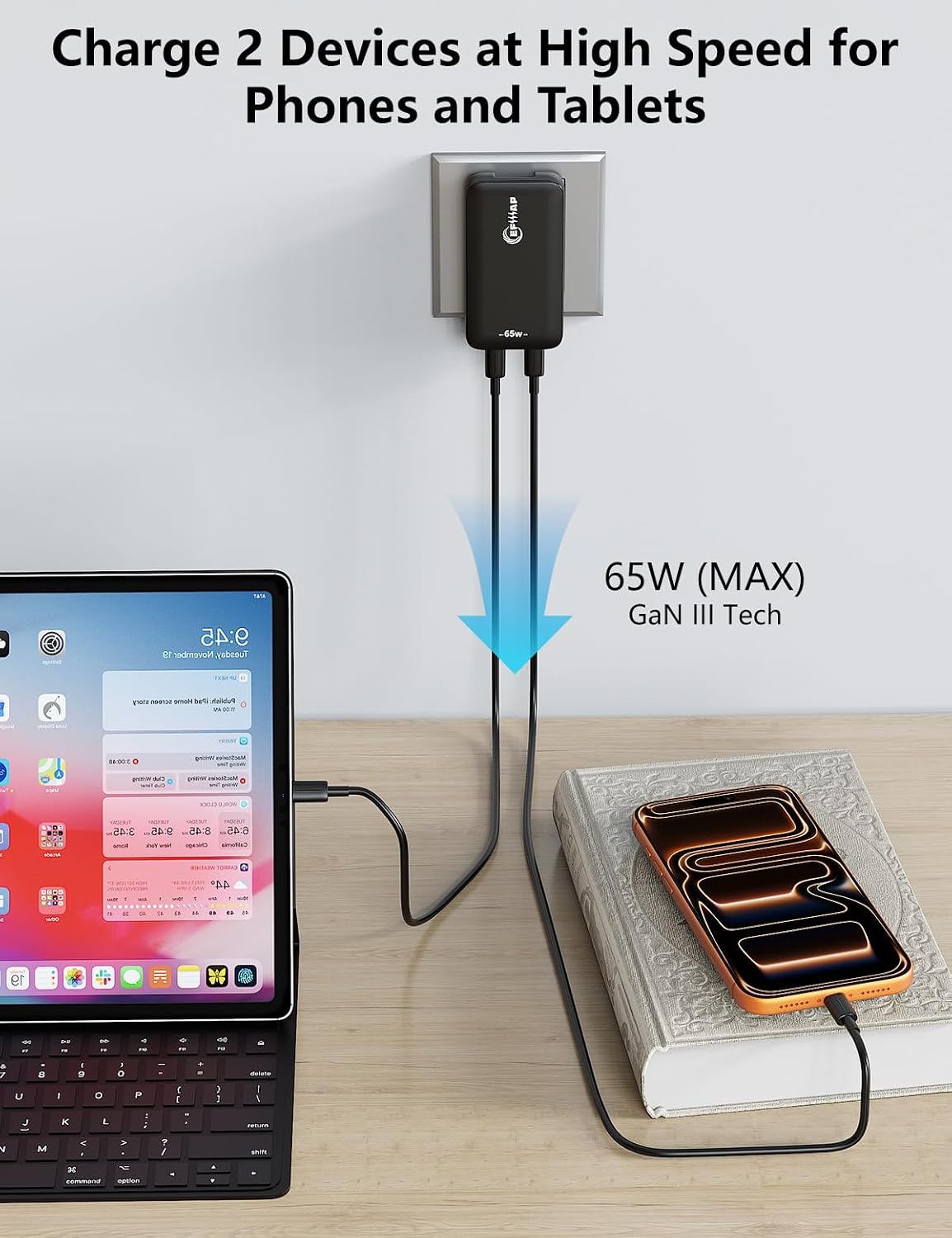 65W Flat USB C Charger Block, Slim Type C Charger Fast Charging - Compact Wall Charger for iPhone 17/16/15/14, MacBook Pro/Air, iPad, Samsung Galaxy S25/24/23, Pixel, Steam Deck, (White)