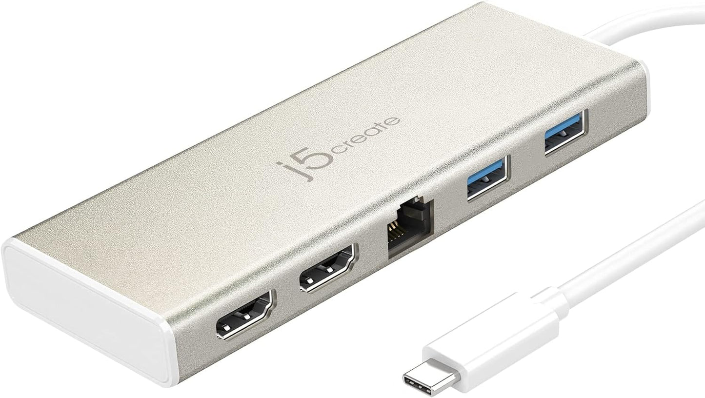 j5create USB-C Mini Dock-Type C Hub with 2X HDMI, 2X USB 3.0, Ethernet, Power Delivery 2.0 (JCD381)