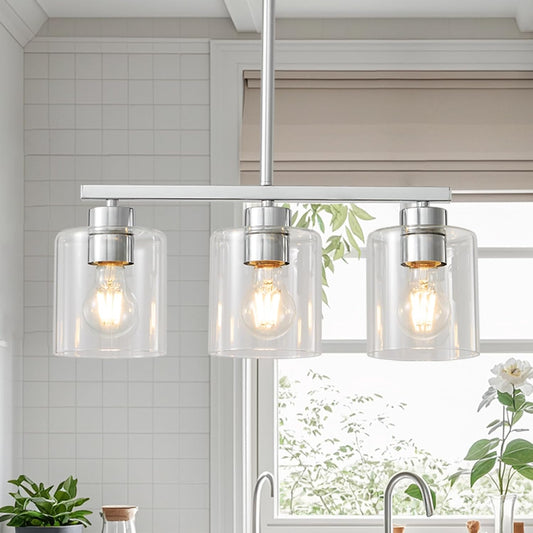 3-Light Silver Kitchen Island Lighting, Silver Pendant Light Fixture, Farmhouse Dining Room Light Fixtures Over Table, Modern Hanging Light Fixtures with Clear Glass, E26 Base