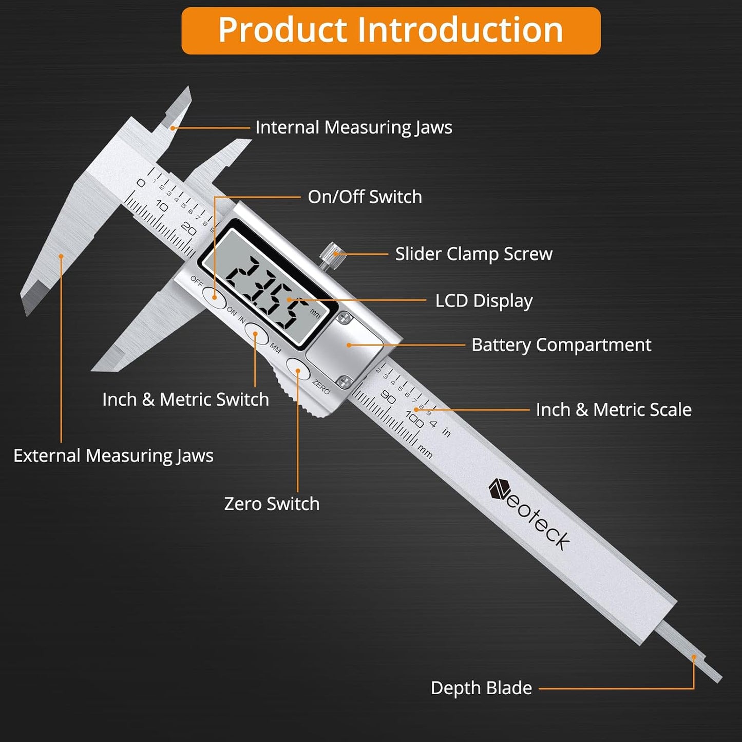 Neoteck 4 inch/100mm Digital Caliper, Stainless Steel Metal Mini Caliper | Electronic Calipers Measuring Tool with inch/mm Conversion, Large LCD Screen for Jewelry,Thickness/Dimensional Measurement