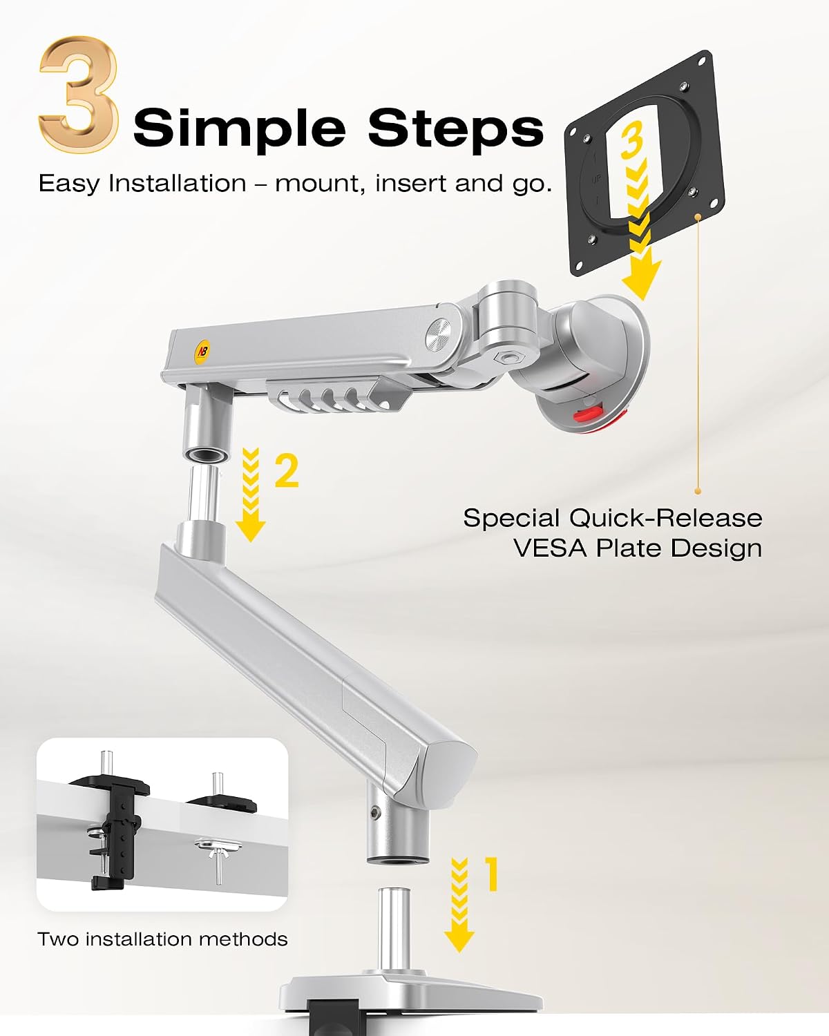 NB SmooVex™ Single Computer Monitor Mount, Monitor Stand fits up to 32 Inch, Mechanical Spring Monitor Arm, VESA 75/100 mm, Model-A5 (Silver)