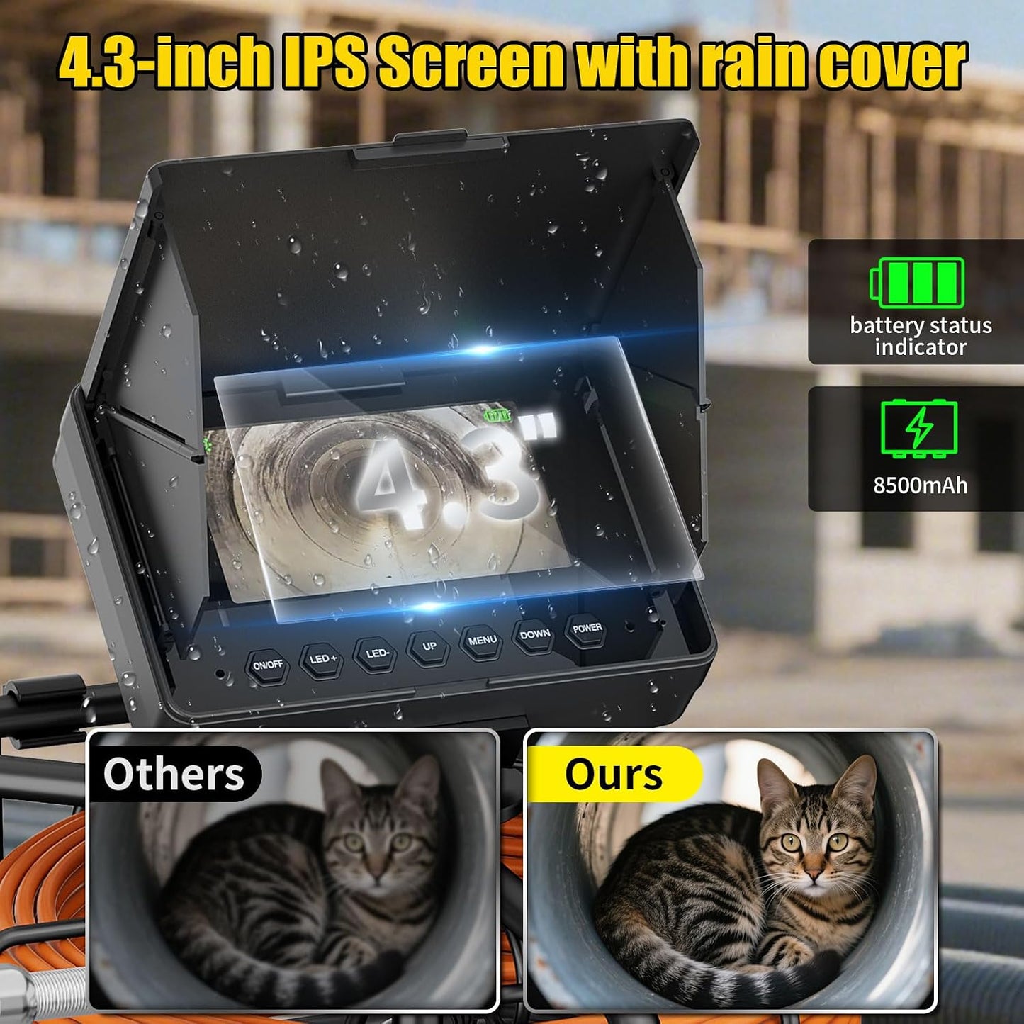 Sewer Camera 100FT/30M Borescopes Plumbing Snake Pipe Inspection Camera 22mm with 8500Mah Battery 4.3" IPS Screen 12 LEDs HD 1000TVL (22MM NO DVR Function)