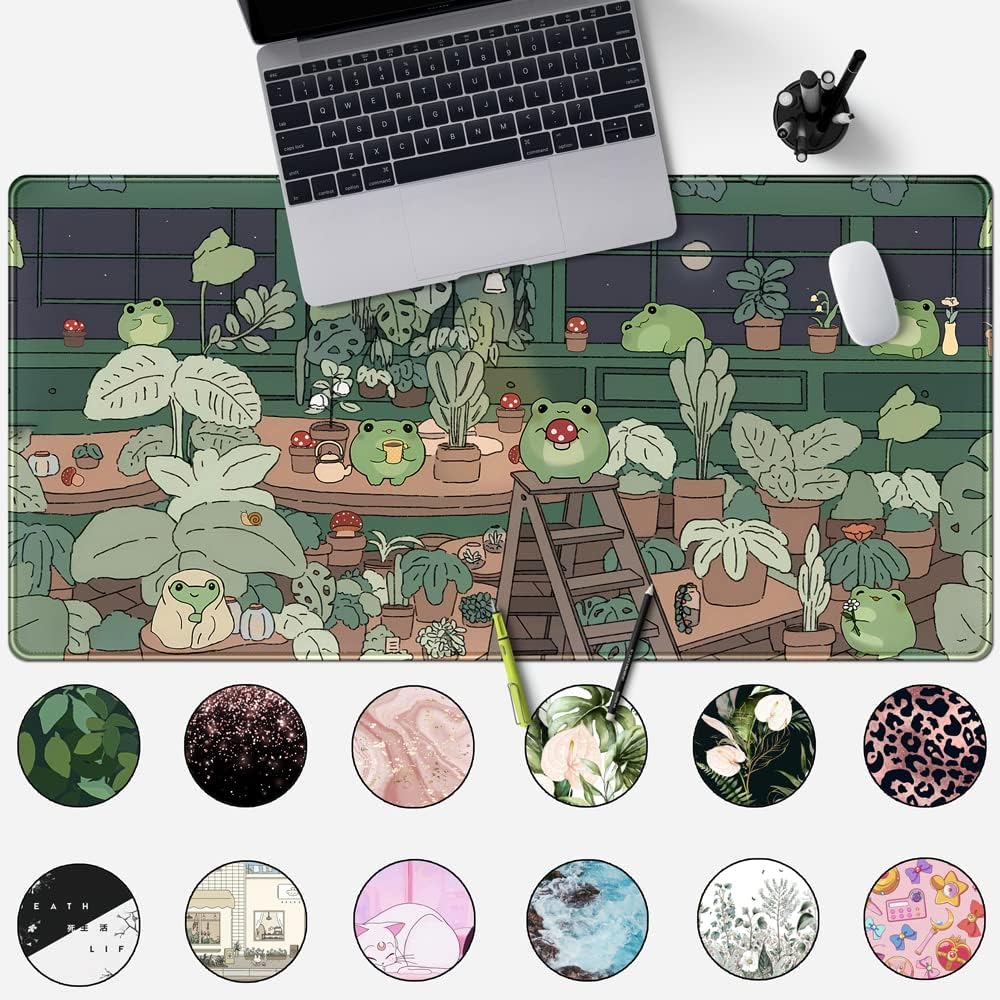Cute Frog Mouse Pad Desk Pad Kawaii Green Desk Frog Decor Large Mouse Pad | Large Gaming Mouse Pad for Desk Computer Keyboard Laptop, Home Office Accessories for Girl (31.5x15.7 in)-with Stitched Eges