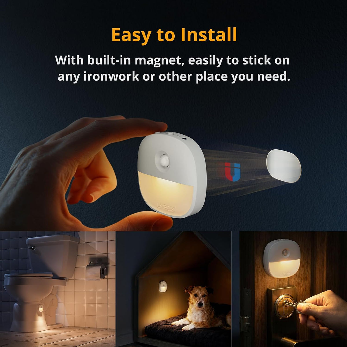 Lyridz Rechargeable Night Light, Motion Sensor Battery Nightlight, Mini Stick-on LED Closet Light, 1-20LM Dimmable Brightness for Bathroom, Bedroom, Kitchen, Washroom, Stairs, Hallway, 3-Pack